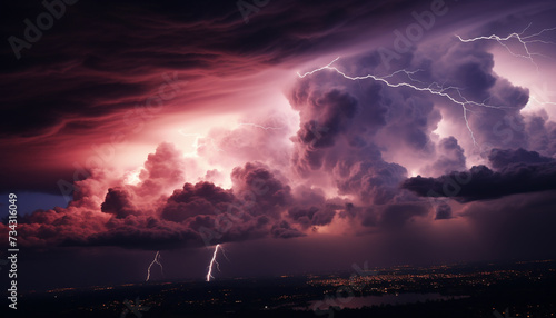 Dramatic sky, dark horizon, forked lightning, nature awe in technology generated by AI