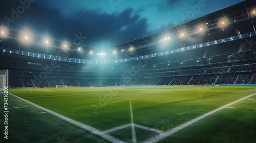 Generative AI : soccer field and stadium with fans the night before the match. © The Little Hut
