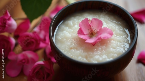 creamy Rice Pudding Topped with Pink Rose Petals,steaming bowl of congee garnished with rose petals