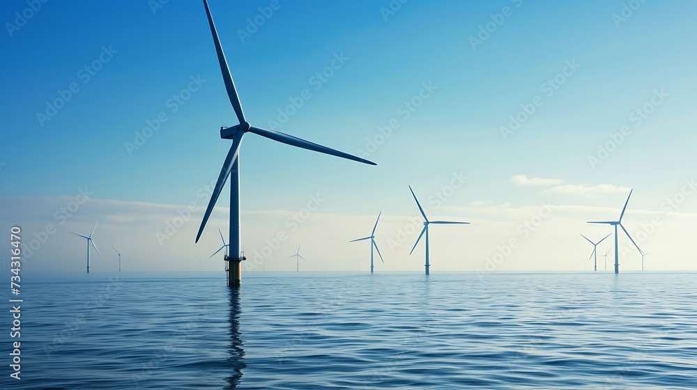 Generative AI : Offshore wind turbines farm on the ocean. Sustainable energy production, clean power.