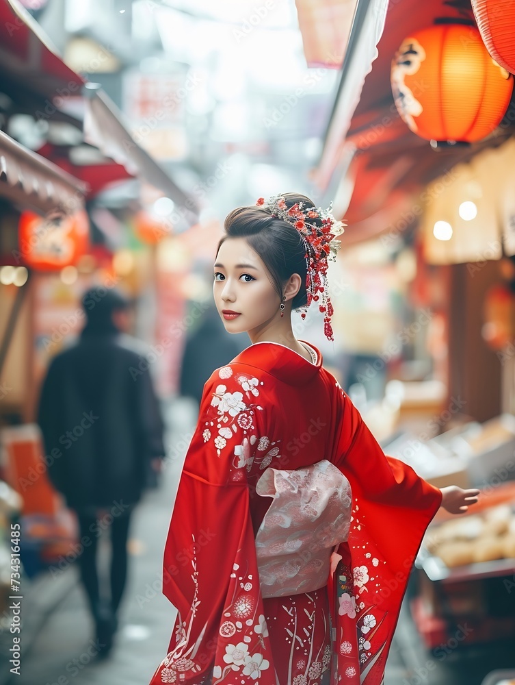 Generative AI : beautiful thin asian woman in traditional red costume walking around tokyo