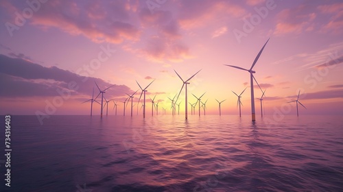 Generative AI : Offshore Wind Turbines Farm at sunset.