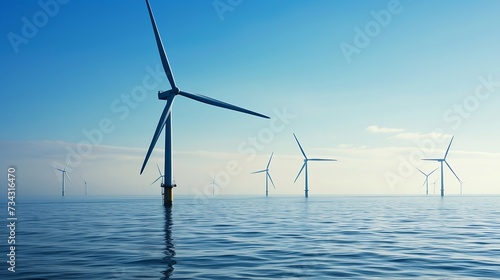 Generative AI : Offshore wind turbines farm on the ocean. Sustainable energy production, clean power.