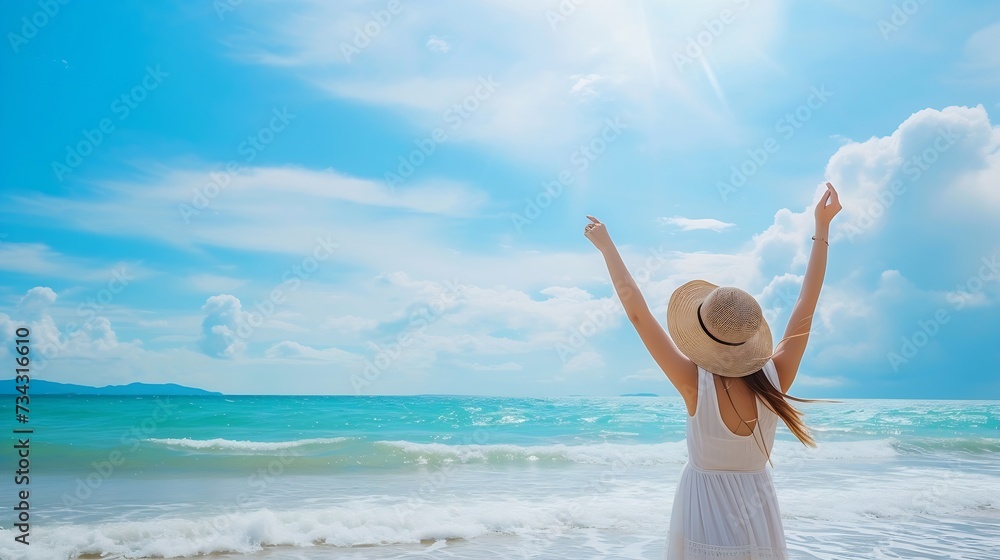 Generative AI : Asia happy young people with white dress raise arm on the wave sea Generative AI : Asia happy young people with white dress raise arm on the wave sea