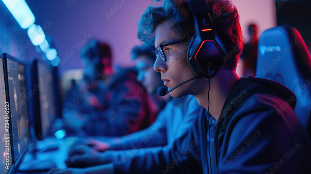 Professional gamer in headphones playing game tournament. Cybersport concept Professional gamer in headphones playing game tournament. Cybersport concept