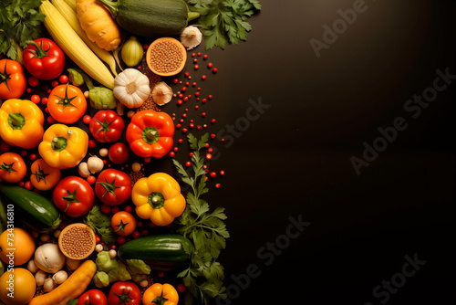  different colored vegetables row on dark background with copy space