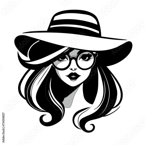 Vector illustration of stylized woman's face with glasses and hat on white separate background