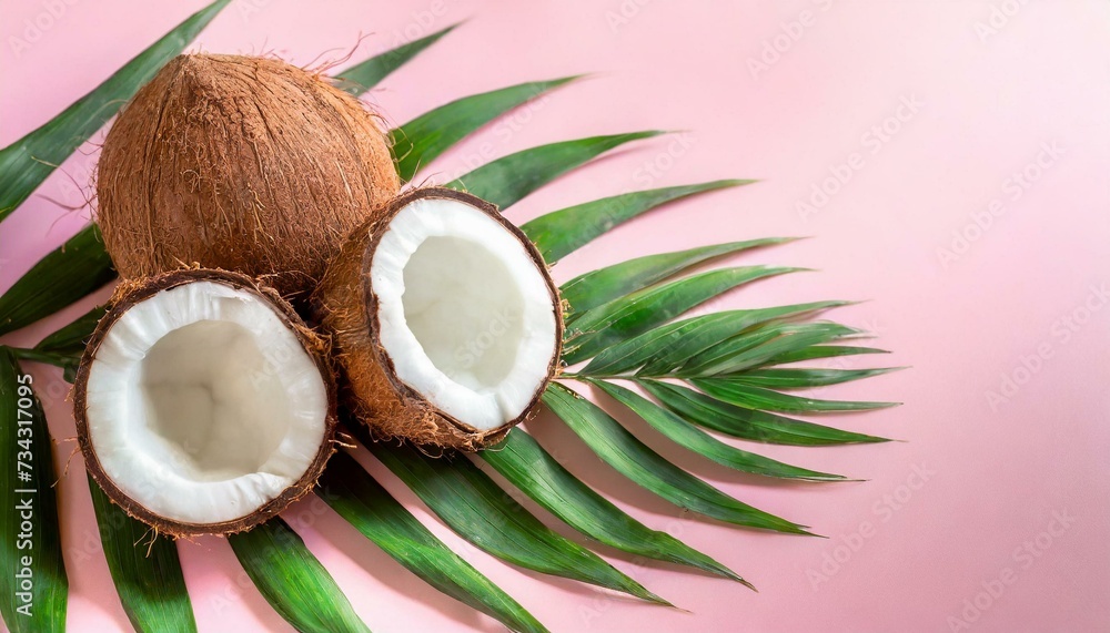 reative layout made of coconuts and leaves on pink background. copy space. reative layout made of coconuts and leaves on pink background. copy space.