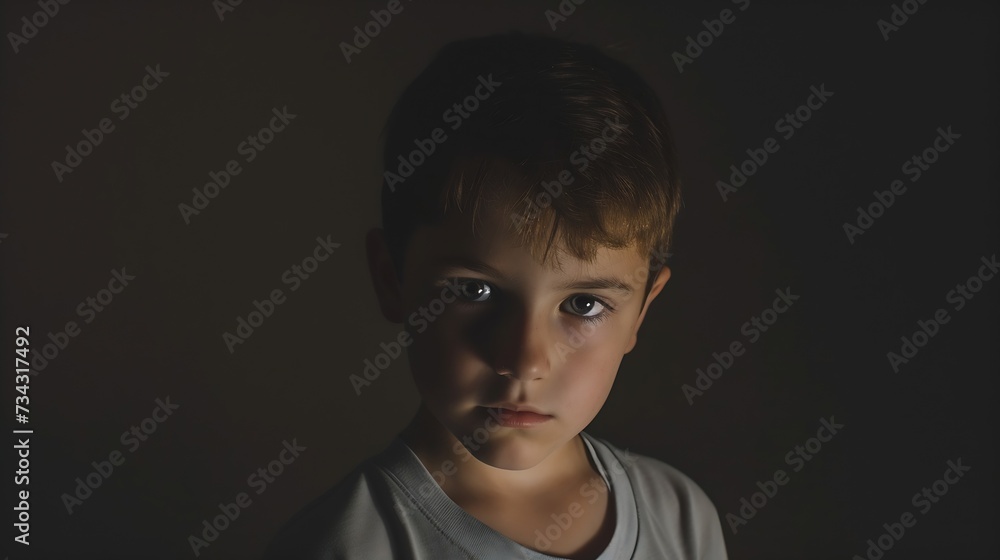 Generative AI : young boy in a dark room posing Generative AI : young boy in a dark room posing