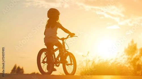 Generative AI : kid girl rides a bike in nature in park on the road. happy family kid dream concept. 