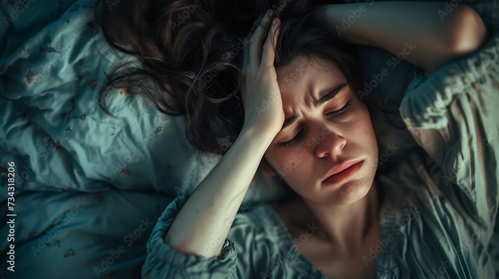 Generative AI : Insomnia in women. Tired mother with a headache Generative AI : Insomnia in women. Tired mother with a headache