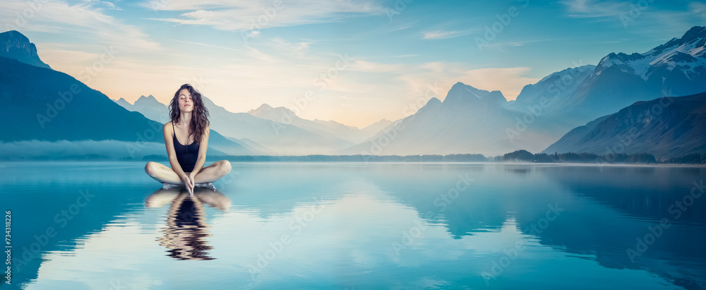 femme assise en tailleur sur l'eau, en train de méditer