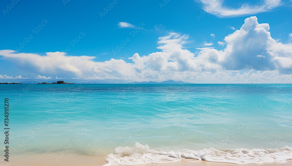 Tropical coastline, turquoise water, bright sky, tranquil vacation paradise generated by AI