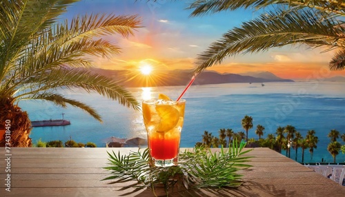 Summer sunrise drink and summer background of sea with palms 