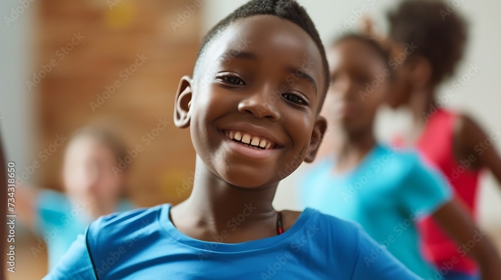 Generative AI : Portrait of smiling african boy showing dance elements during group class in dance center Generative AI : Portrait of smiling african boy showing dance elements during group class in dance center