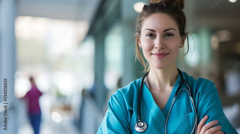 Fototapeta premium Generative AI : Portrait of happy young nurse in uniform with healthcare team in background.