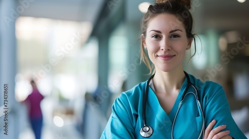 Generative AI : Portrait of happy young nurse in uniform with healthcare team in background.