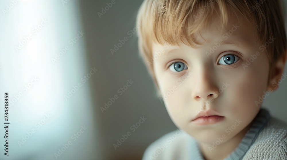 Generative AI : Portrait of pensive little boy Generative AI : Portrait of pensive little boy