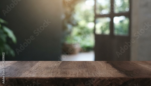 Wooden desk of free space and kitchen interior photo