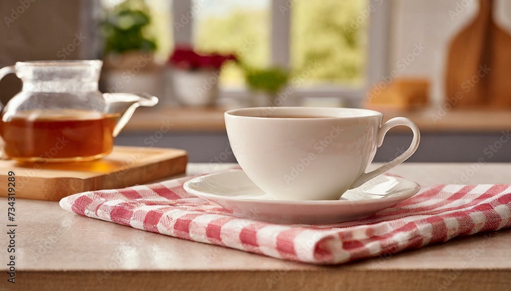 Kitchen desk on napkin with cup of coffee or tea and white tablet