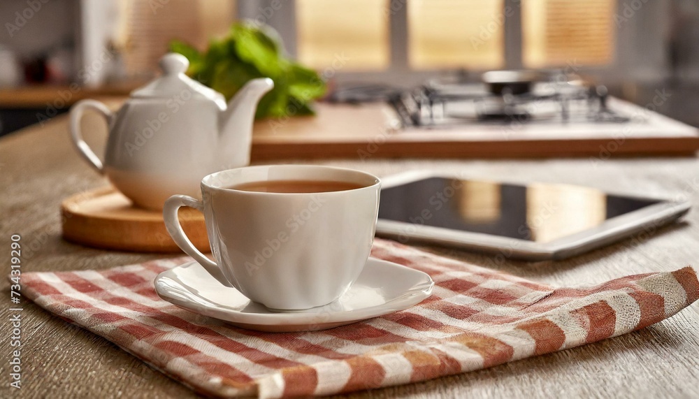 Kitchen desk on napkin with cup of coffee or tea and white tablet Kitchen desk on napkin with cup of coffee or tea and white tablet
