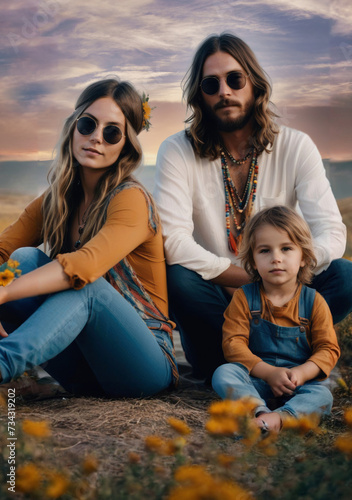 A young family of hippies with long hair and multicolored clothes, typical clothing of the hippie movement of the 60s