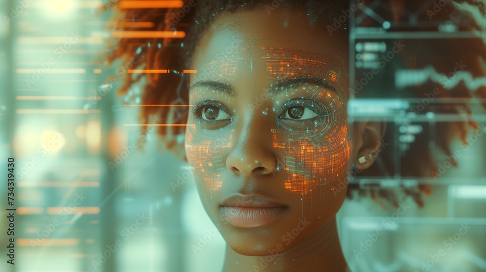African woman using eco home automation system. technology concept African woman using eco home automation system. technology concept