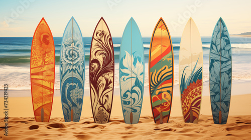 Collection of Decorative Surfboards on a Sunny Beach © LAJT