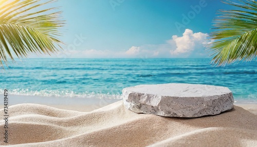 Summer sand and tropical sea background with abstract stone podium © adobedesigner