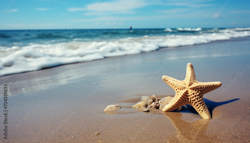 Tropical coastline, blue wave, starfish nature beauty in summer generated by AI