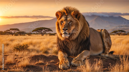 Lion in the savannah of Amboseli National Park, Kenya