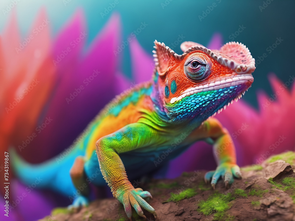 Obraz premium chameleon multicolor Fluorescent Fantasy, cute 3d character - generated by ai