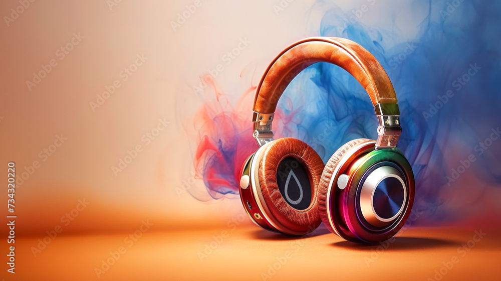 Fototapeta premium Multicolored paint-splatter headphones dynamic music blaster on colored background