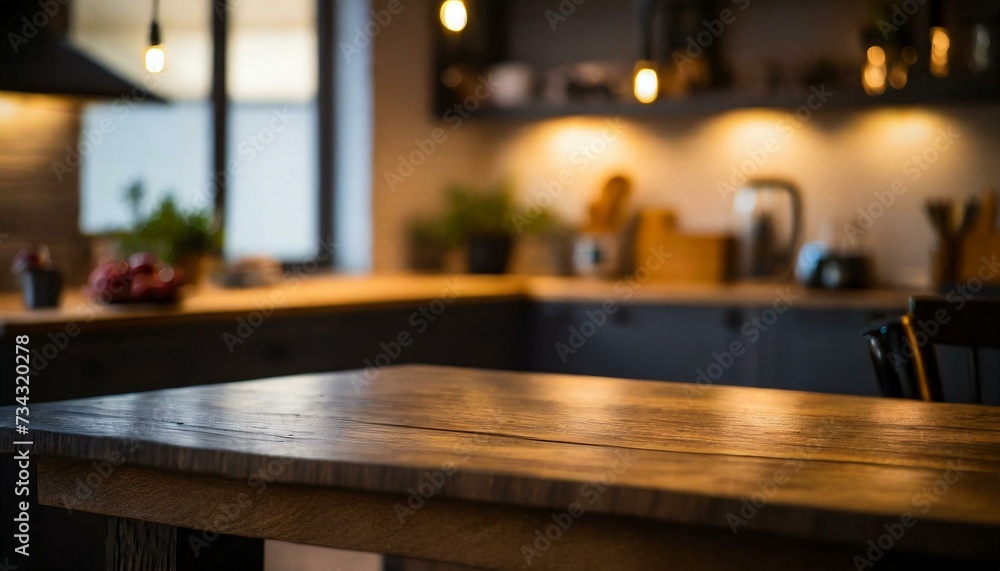Wooden desk of free space and kitchen interior Wooden desk of free space and kitchen interior