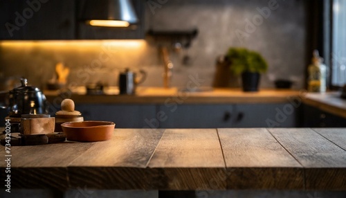 Wooden desk of free space and kitchen interior  © adobedesigner