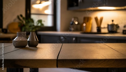 Wooden desk of free space and kitchen interior 