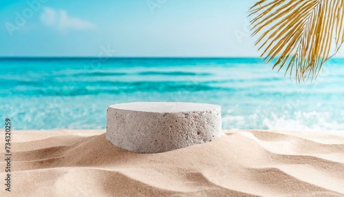 Summer sand and tropical sea background with abstract stone podium