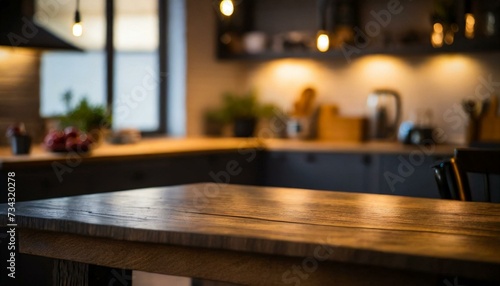 Wooden desk of free space and kitchen interior