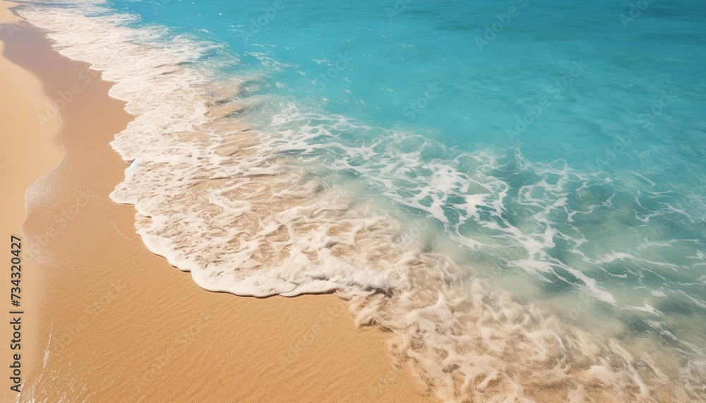 Blue wave crashes on sandy coastline, summer beauty in nature generated by AI Blue wave crashes on sandy coastline, summer beauty in nature generated by AI