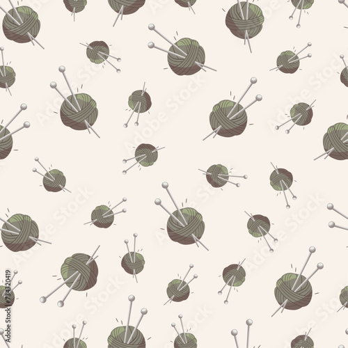 Hand drawn cute seamless pattern with balls of wool for knitting in green color. Skein of yarn. Vector ornament in cartoon style for textile, background, wallpapers