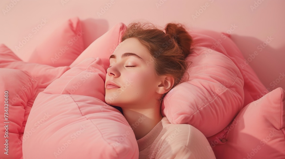 Young woman sleep surrounded by a pile of pillows on a pink pastel background. Young woman sleep surrounded by a pile of pillows on a pink pastel background.