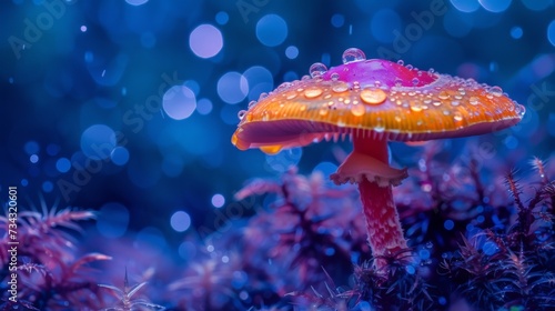 Water Drop on mushroom in the Rainstorm, infrared photography, Gouache 
