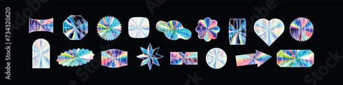 Y2K holographic sticker set hearts with chrome effect. Abstract shapes in hologram style. Flat vector illustration isolated on white background.