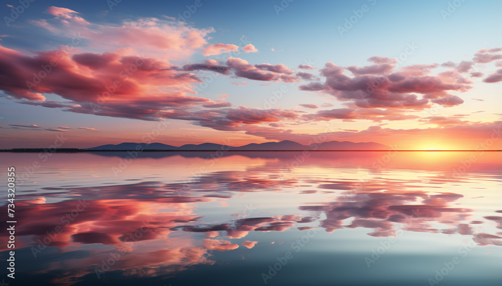 Sunset over water, reflecting a tranquil, vibrant, pink and orange sky generated by AI