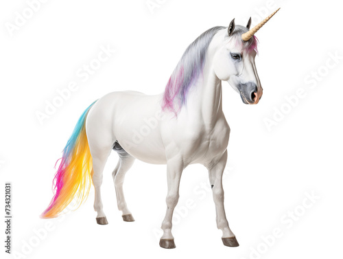 a white horse with rainbow hair and a horn © White