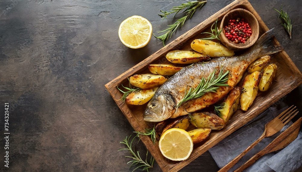 Grilled fish with roasted potatoes, lemon and rosemary on wooden tray. View from above, top, room for text Grilled fish with roasted potatoes, lemon and rosemary on wooden tray. View from above, top, room for text