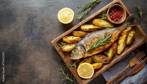 Grilled fish with roasted potatoes, lemon and rosemary on wooden tray. View from above, top, room for text photo
