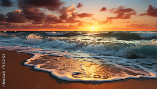 Sunset over the water, waves crashing, nature beauty revealed generated by AI