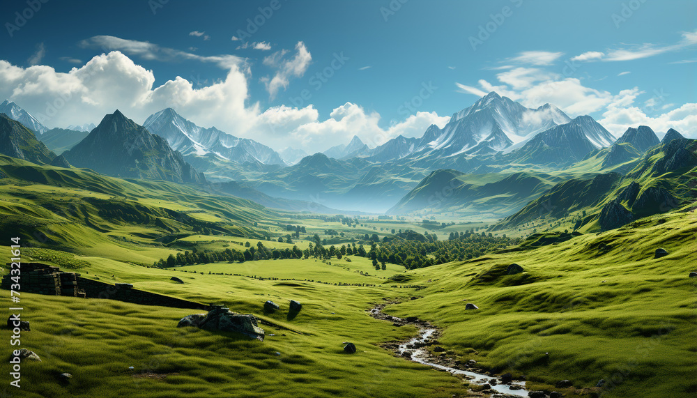 Majestic mountain range, green meadow, blue sky, tranquil scene generated by AI