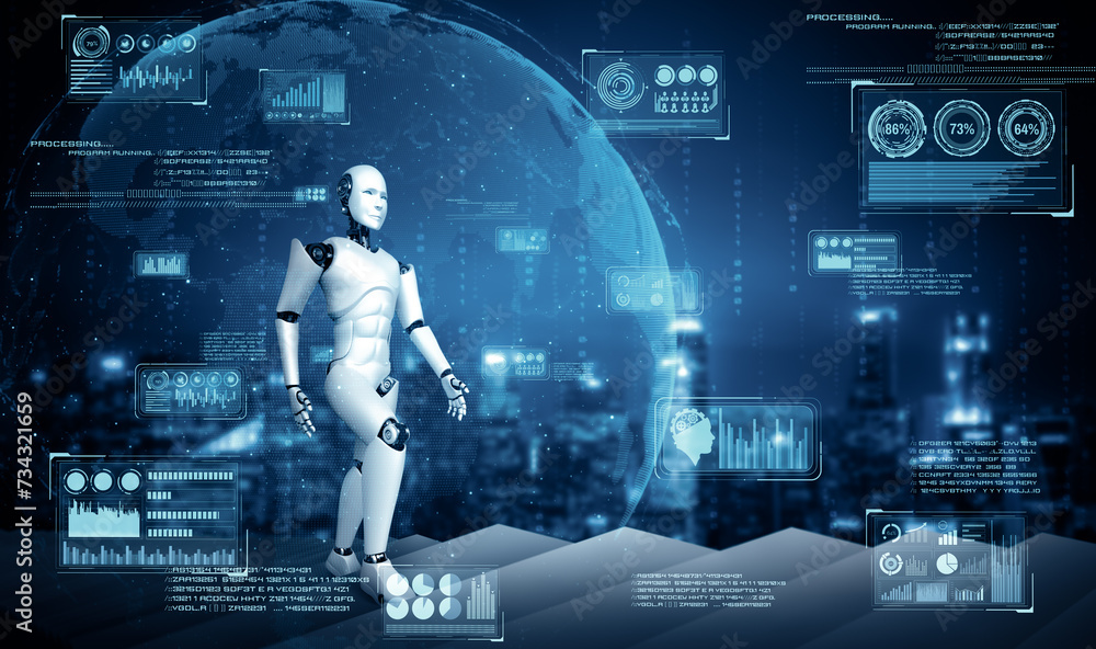 XAI 3d illustration robot humanoid walk up stair to success and goals ...